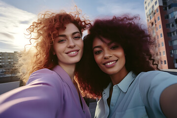 multiracial couple of girls taking a selfie outdoors