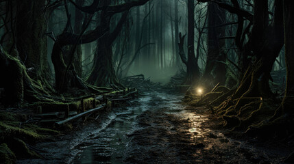 A spooky forest path leads to unknown fate in chilling dusk