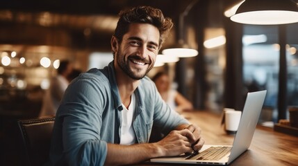 Obraz premium Happy male with laptop in coffee shop.