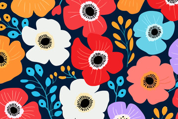 Anemones quirky doodle pattern, wallpaper, background, cartoon, vector, whimsical Illustration
