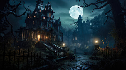 Mysterious night at the haunted Victorian mansion under moonlight