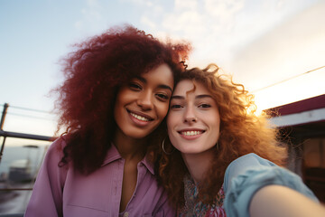 multiracial couple of girls taking a selfie on location