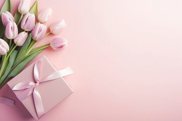 Fototapeta na wymiar Mother's Day concept. Pink gift box with ribbon bow and a bouquet of tulips.