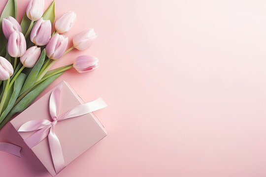 Mother's Day concept. Pink gift box with ribbon bow and a bouquet of tulips.