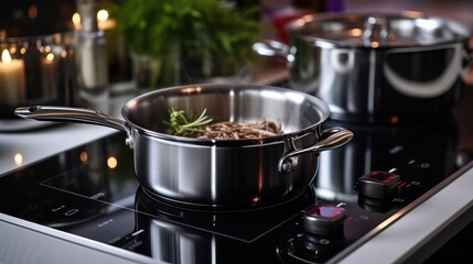 Metal pot on induction hob in modern kitchen. - obrazy, fototapety, plakaty