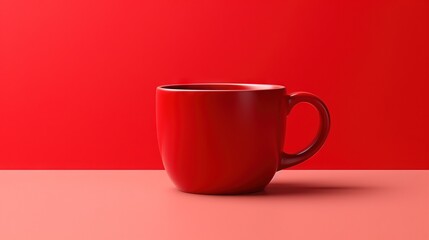  a red coffee cup sitting on top of a table next to a red wall.  generative ai