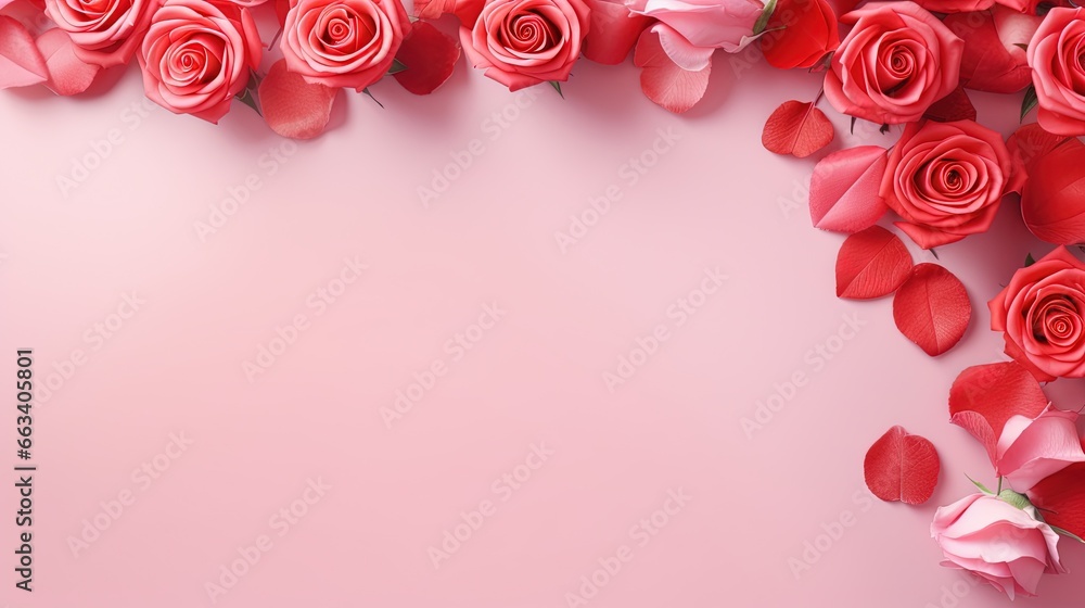 Poster  a bunch of red roses on a pink background with space for text.  generative ai