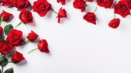  a bunch of red roses on a white background with space for text.  generative ai