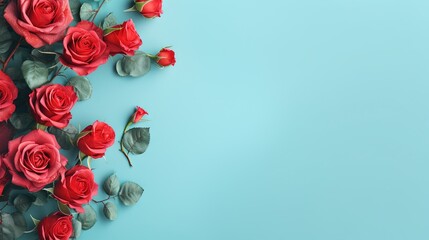  a bunch of red roses on a blue background with leaves.  generative ai