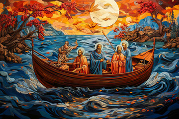 Jesus Christ on a fishing boat with his disciples - obrazy, fototapety, plakaty