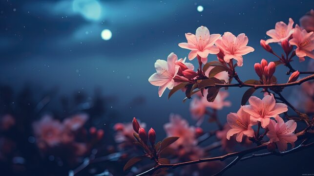  a branch of a tree with pink flowers in the foreground.  generative ai
