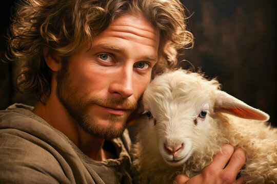 Shepherd holding a lamb