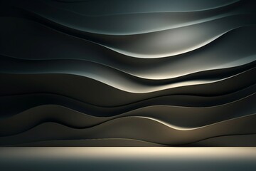 クリーム色の光が注ぐダークグレーの曲線的な壁と平らな床がある抽象的な空間 - obrazy, fototapety, plakaty