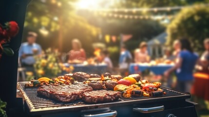 Group of friend is grilling and socializing a barbecue in a backyard.