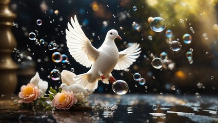 white doves and bubbles  - obrazy, fototapety, plakaty