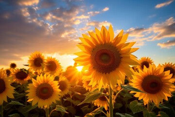 Obraz premium Sunflowers turning toward the sun in the soft morning light.