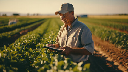 Male agronomist using digital tablet while checking crops in soybean field. - obrazy, fototapety, plakaty