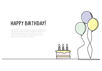 Birthday cake and balloons. Continuous one line art drawing. Happy celebration banner