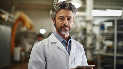 Fototapeta premium Technologist man wearing lab coat working in workshop of pharmaceutical factory.