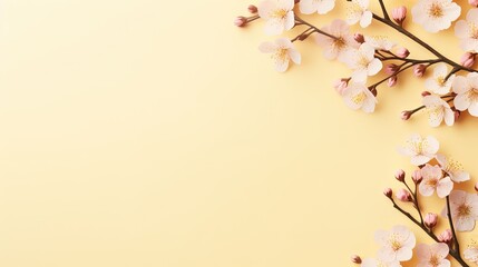  a branch of a flowering cherry tree with pink flowers on a yellow background. generative ai