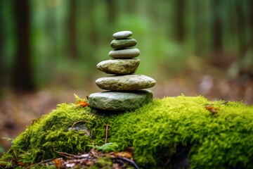 Pyramid stones balance on old mossy fallen tree.