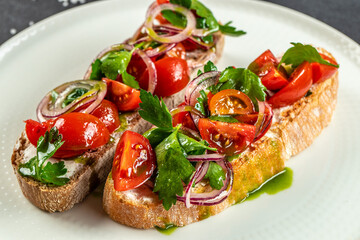 Healthy tomato toast, Italian, Vegetarian or Healthy food concept. Restaurant menu, dieting, cookbook recipe top view