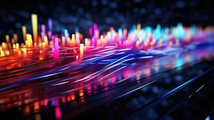 Multicolored data streams through optical fiber, high-speed communication, data transmission, fiber-optic network.