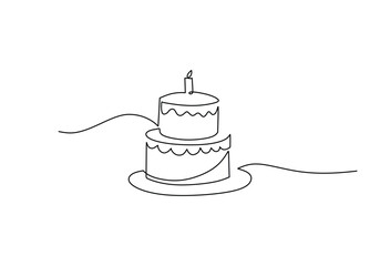 Happy birthday continuous line drawing with cake with candle. Celebration banner anniversary