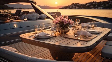 Romantic dinner on motor yacht at sunset, Table setting at a luxury yacht.