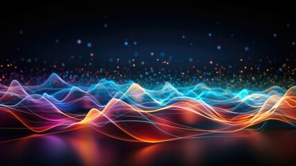 Fototapeta na wymiar Multicolored light waves pulse through slender glass strands, transmitting data at high speeds.
