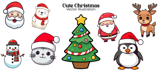 Santa Claus, Snowman, Reindeer, Cat, Polar Bear, Tree, Penguin: Cute Funny Christmas Set Collection. Vector Illustration for Kids Christmas Party - Transparent Background