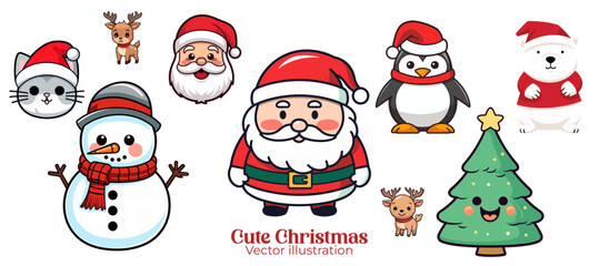 Christmas Party for Kids: Cute Funny Vector Illustration of Santa Claus, Snowman, Reindeer, Cat, Polar Bear, Tree, Penguin in a Set Collection - Transparent Background