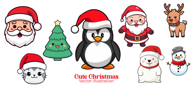 Santa Claus to Penguin: Cute Funny Christmas Set Collection. Vector Illustration for a Kids Christmas Party - Transparent Background
