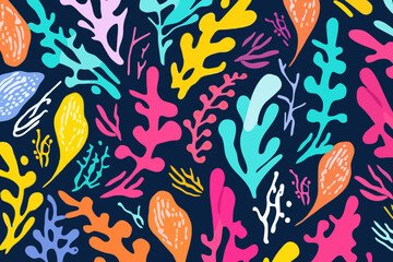 Seaweed quirky doodle pattern, wallpaper, background, cartoon, vector, whimsical Illustration