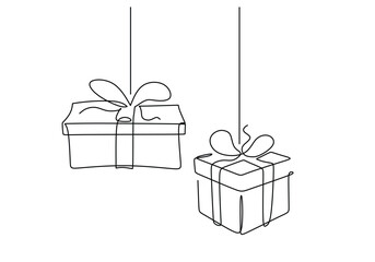Hanging gift boxes. Continuous one line art drawing