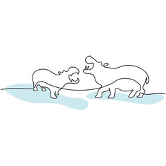 Hippopotamus one line drawing. Couple Wild Animal creative 