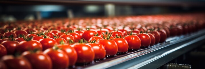 Tomatoes, Production of tomatoes on conveyor belt in factory, Concept with automated food production. - obrazy, fototapety, plakaty