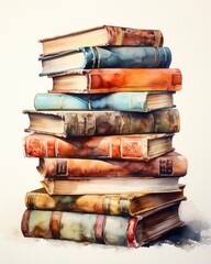 Watercolor pile of books isolated on white background.