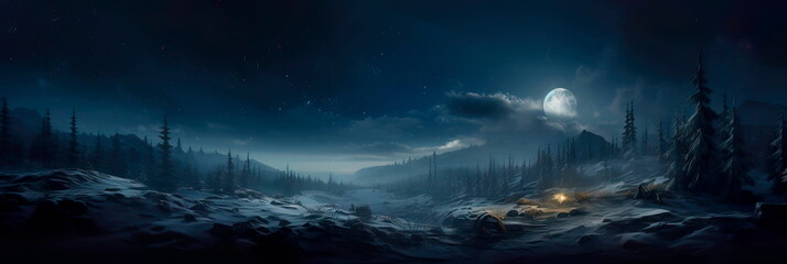 moonlit winter night with a forest bathed in shades of deep midnight blue and silver. - obrazy, fototapety, plakaty