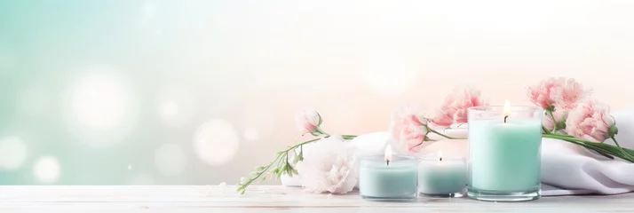 Fotobehang spa theme background featuring delicate shades of mint green and blush pink © Maximusdn