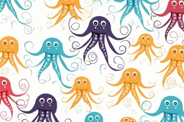 Fotobehang In de zee Octopus ink quirky doodle pattern, wallpaper, background, cartoon, vector, whimsical Illustration