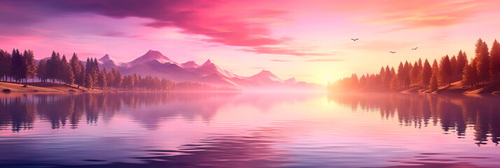 sunrise over a calm lake, with soft pinks, oranges, and purples reflecting in the tranquil waters, creating a serene and hopeful ambiance