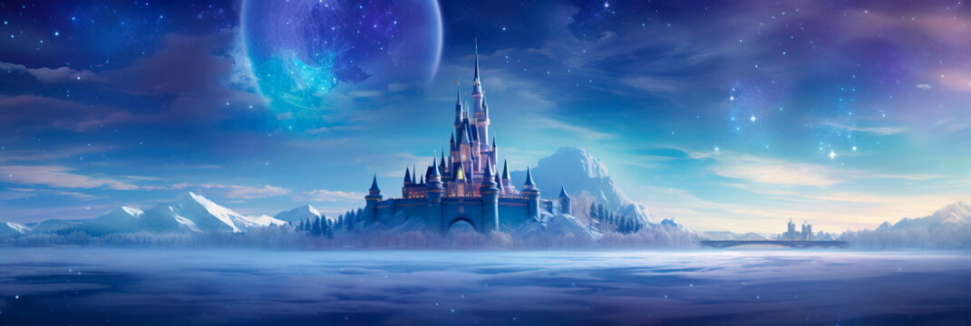 winter castle atop a snow-covered hill, where an enigmatic sorceress conjures spells