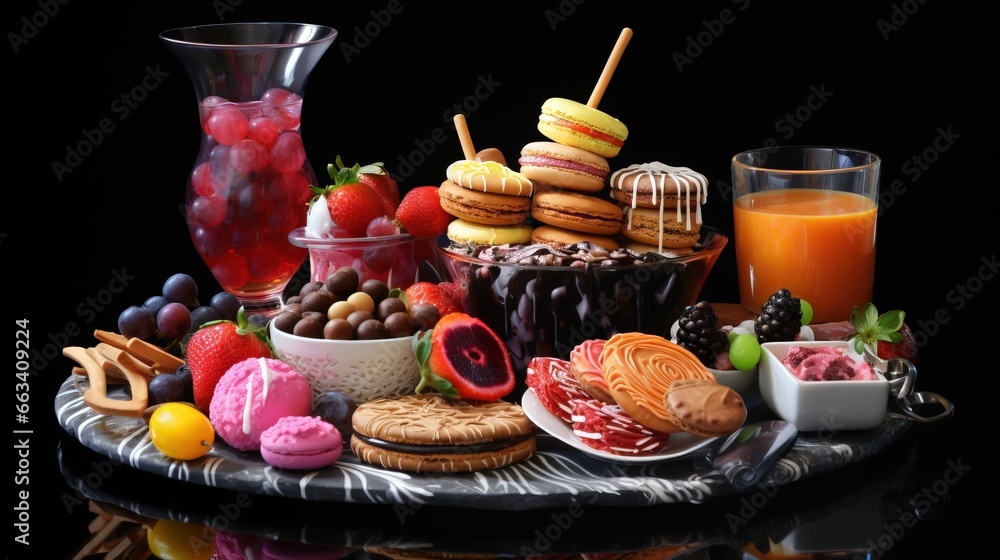 Poster a table topped with lots of different types of food and drinks. generative ai