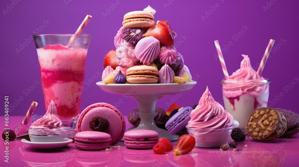 Poster a table topped with lots of different types of desserts. generative ai