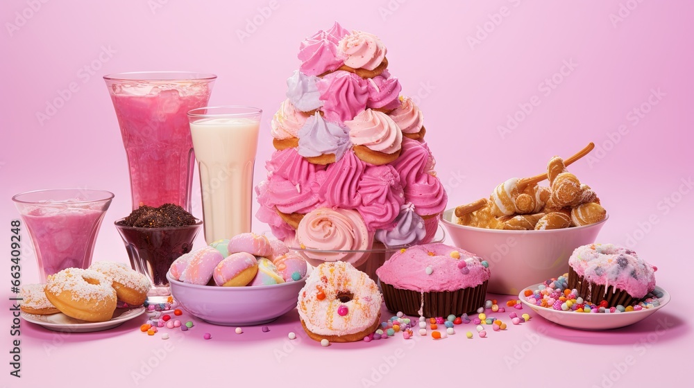 Poster a table topped with lots of different types of cupcakes. generative ai
