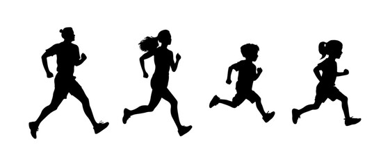 Vector silhouette Runners, Joggers, Sprinters Male and Female. woman, child, family isolated on white