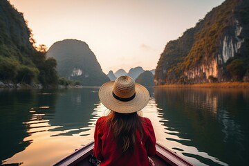 A woman enjoys a boat ride amidst the karst mountains, reveling in the sunset's beauty.