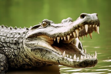 Obraz premium Crocodile with its mouth wide open with a green lake in the green background.