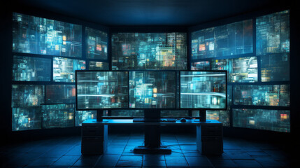 A bank of flickering monitors displays a variety of data, their images constantly shifting and changing